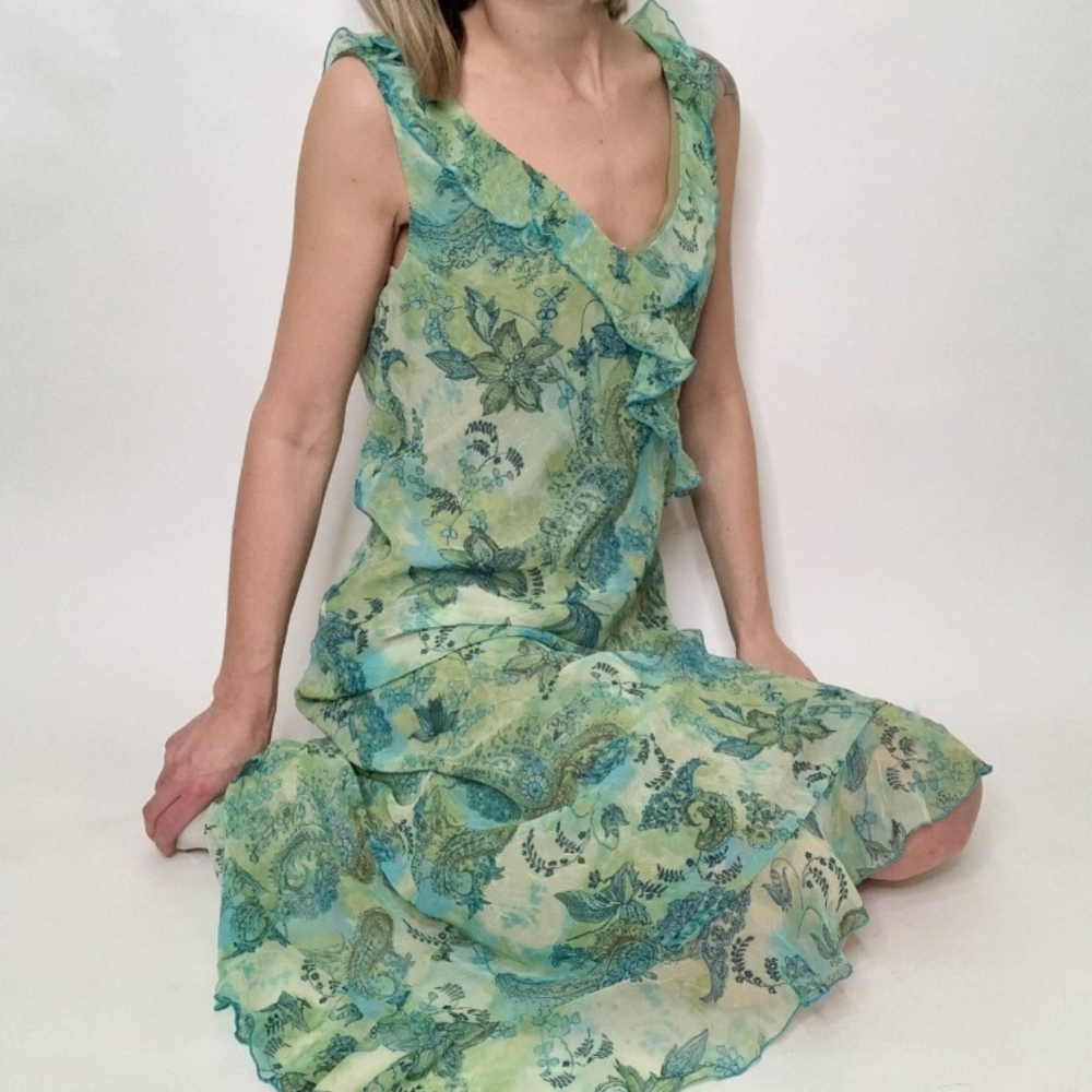 Vintage AGB Floral Asymmetrical Ruffle Midi Dress Fairy Core Nymph Y2k Green 8